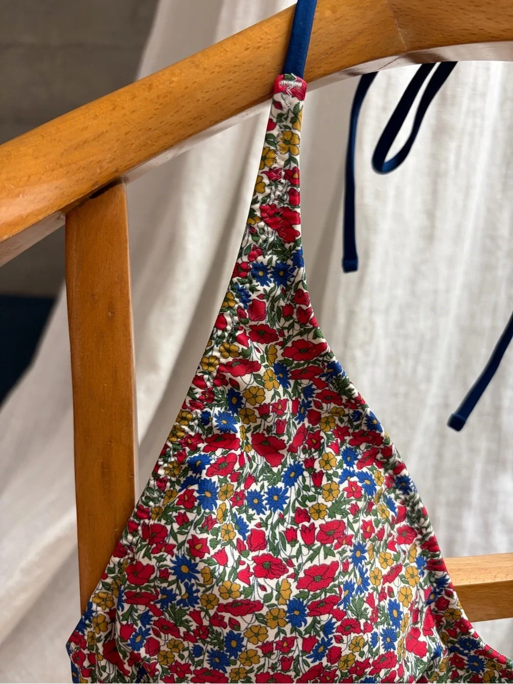 J. Crew x Liberty London Red Floral Triangle Bikini Top with Navy Ties